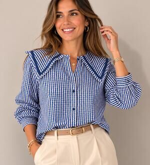 Pieces Blue Gingham Oversized Sailor Collar Button Front Blouse Size US 18